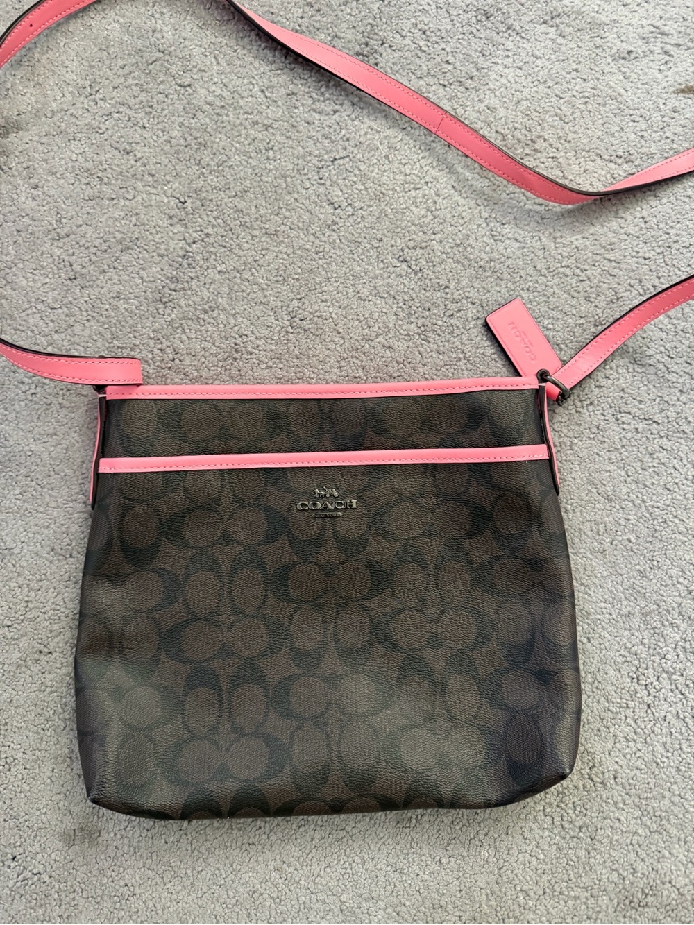 Coach Brown Signature Crossbody with Pink Trim